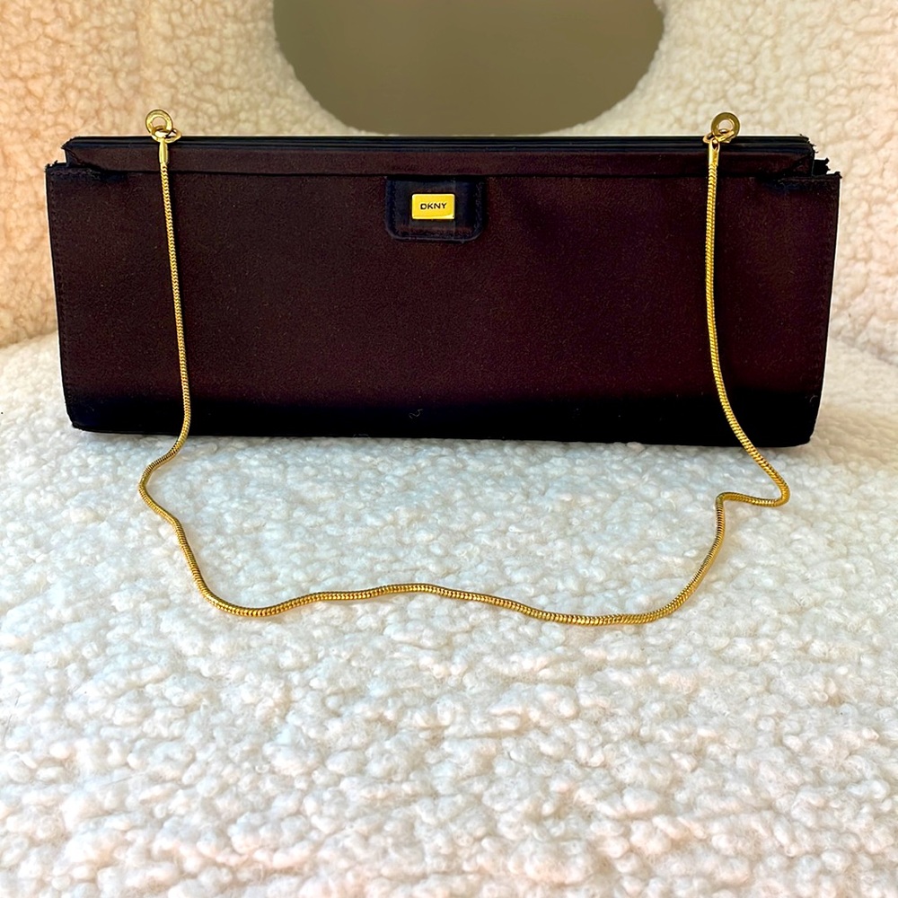 DKNY black satin clutch with convertible chain strap